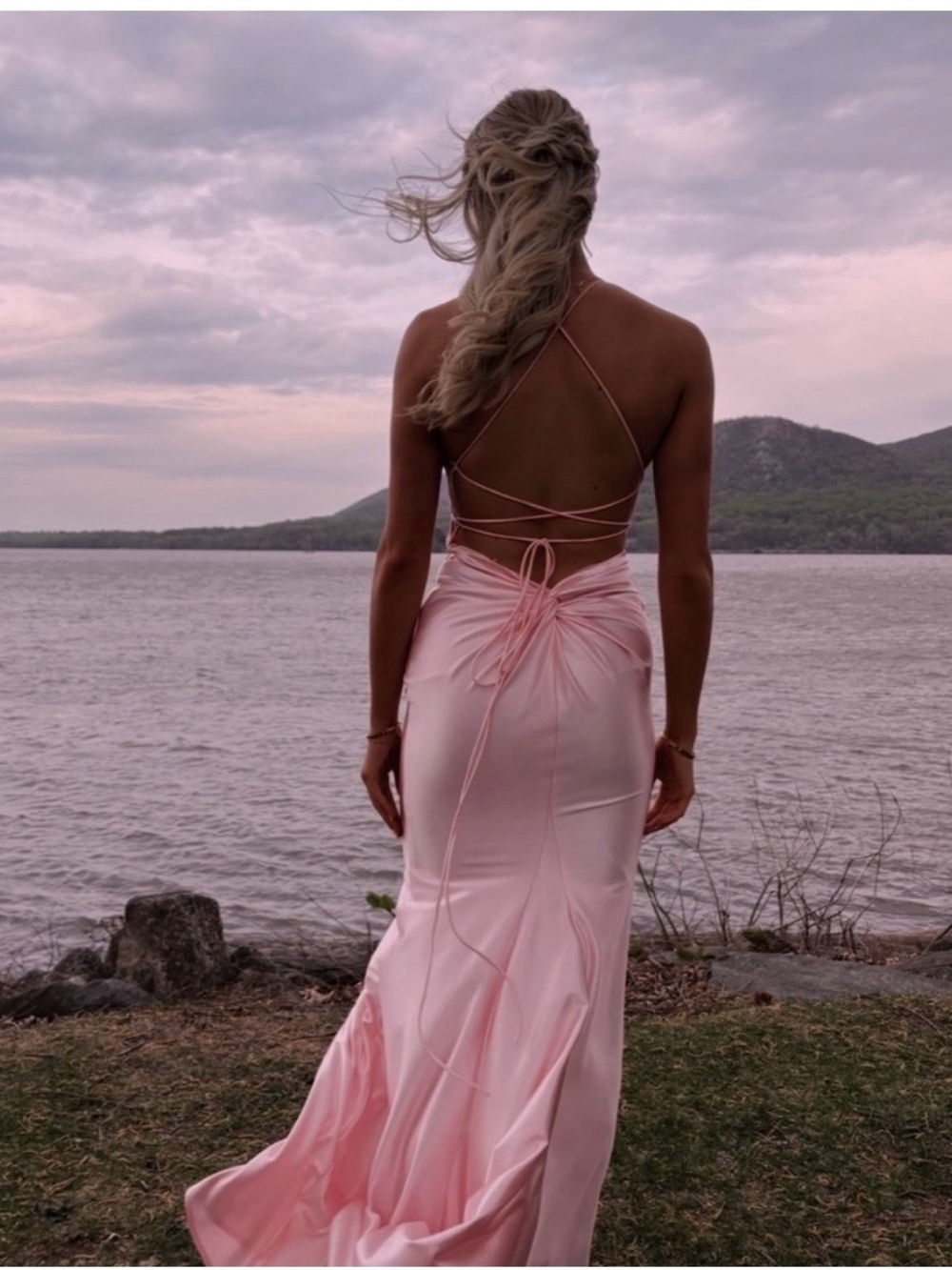 Faviana Blush Pink Backless Satin Gown